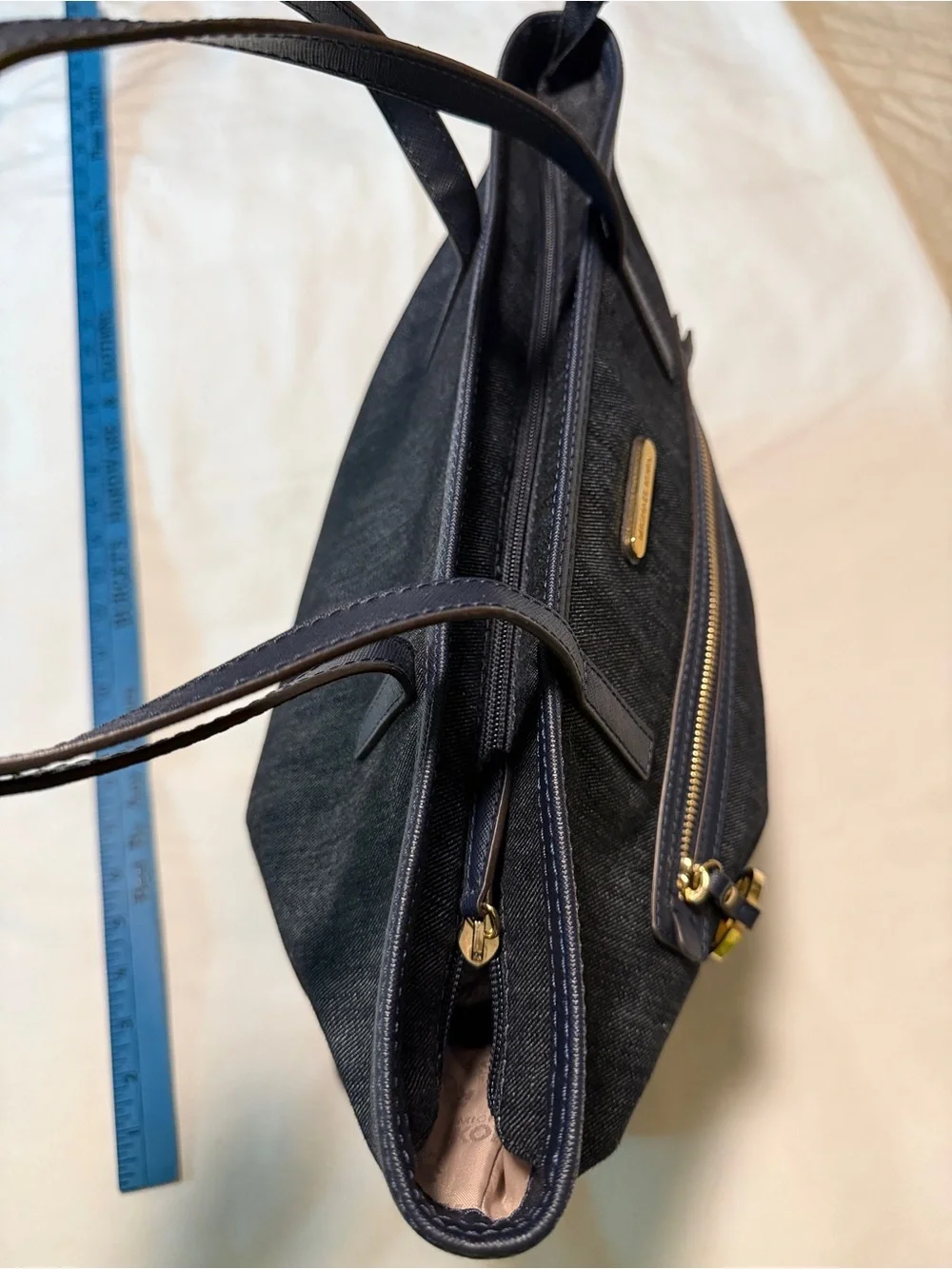 Michael Kors Denim Tote Bag Navy Blue Large Zip Top Laptop Shoulder Bag - Picture 7 of 10